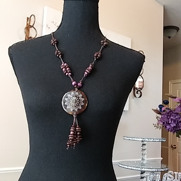 Coffee Bean Necklace With Floral Disk Pendant - Picture 12 of 17